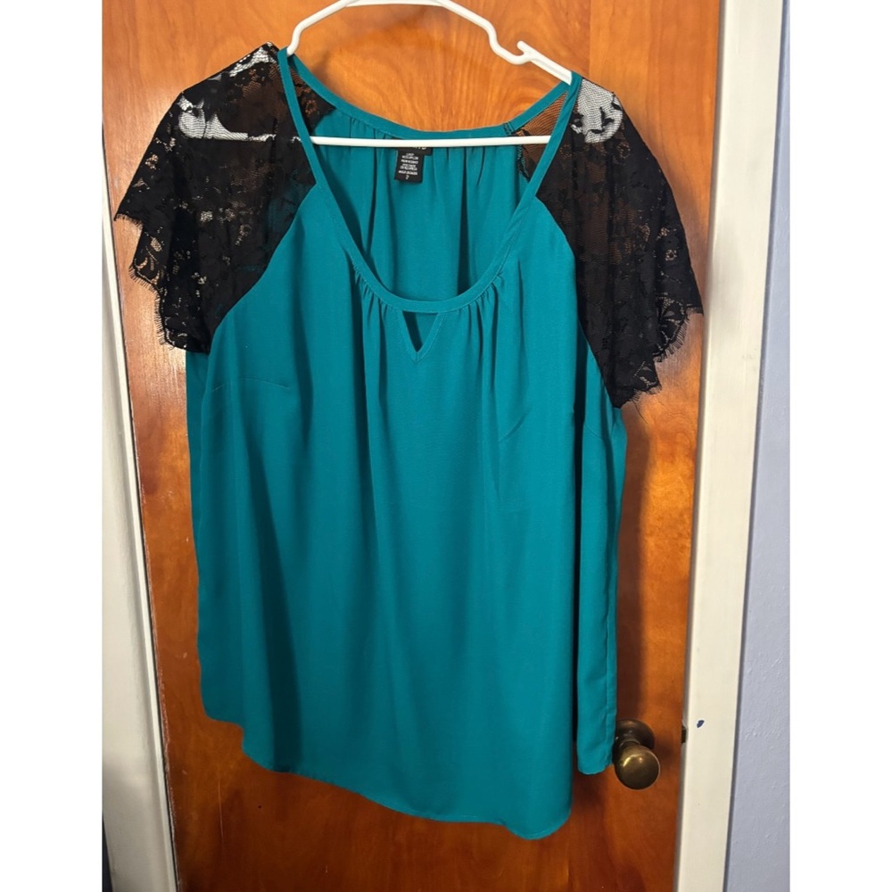 Torrid Teal Blouse with Black Lace Sleeves